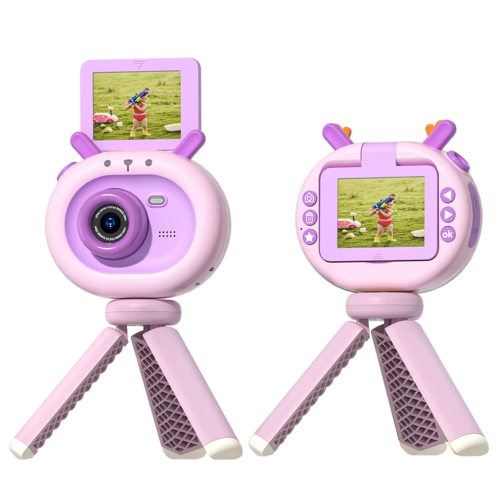 Purple children's digital camera with flip screen, silicone case, and USB cable