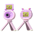 Purple children's digital camera with flip screen, silicone case, and USB cable