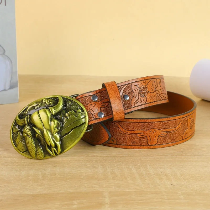Men's black imitation leather belt with a detailed silver alloy cow head buckle and pin fastening.