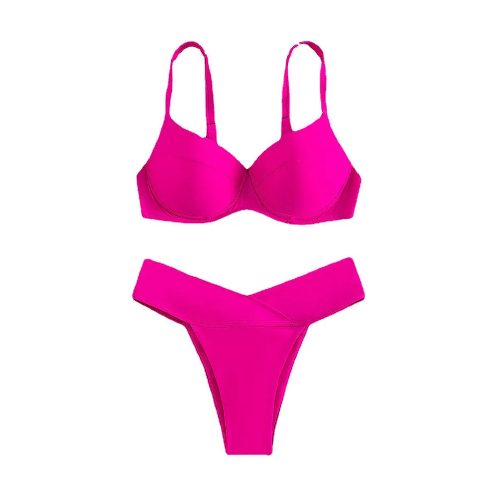 Fluorescent colour bikini swimsuit set with bra and briefs on a white background.