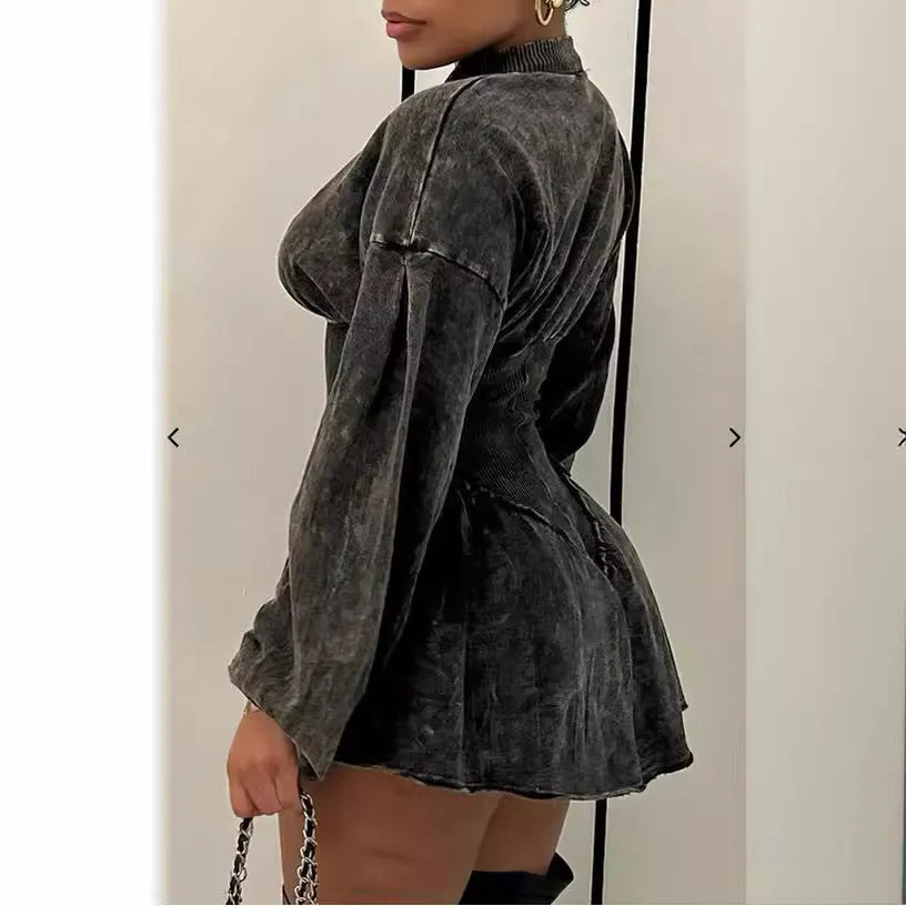 Grey digital print A-line dress with drawstring waist and regular long sleeves