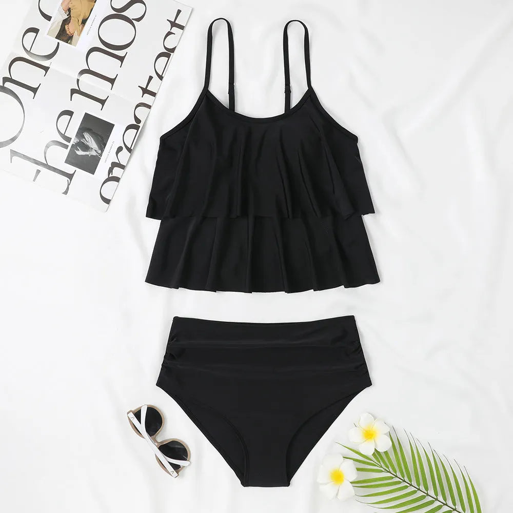 Women's high waist double-layer polyester swimsuit in black or coconut tree print.