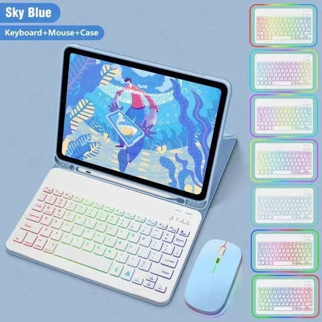 Colourful iPad leather case with attached luminous RGB backlit Bluetooth keyboard on a desk.