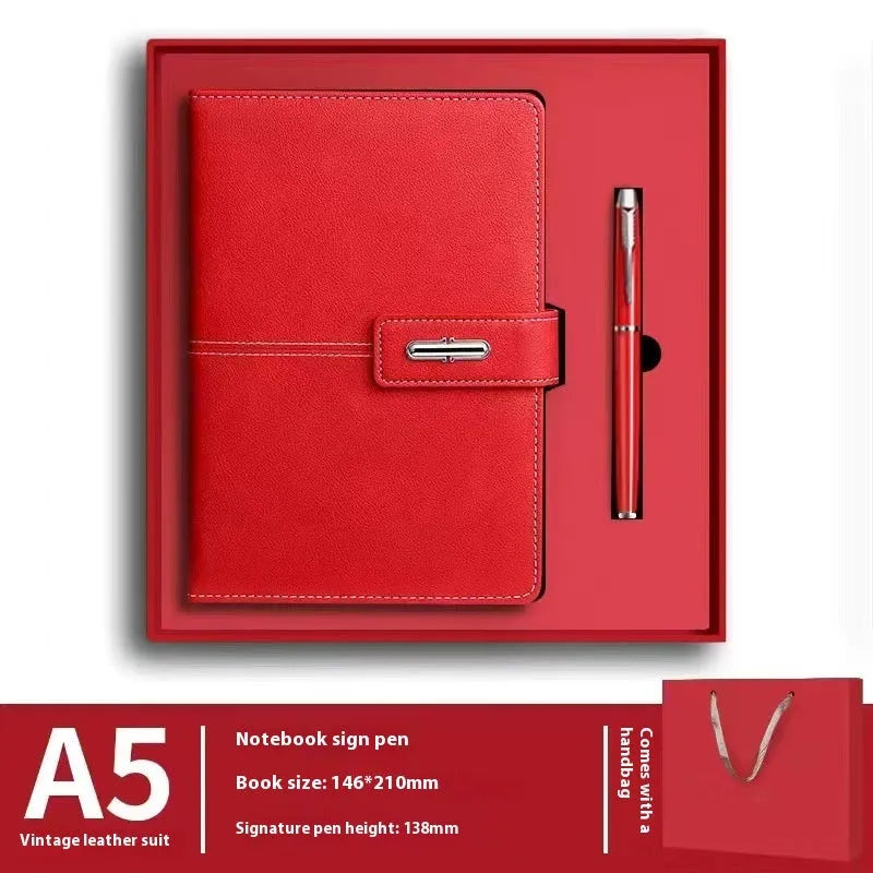 A5 notebook with imitation leather cover in multiple colour options including black, red, green, blue, and orange.