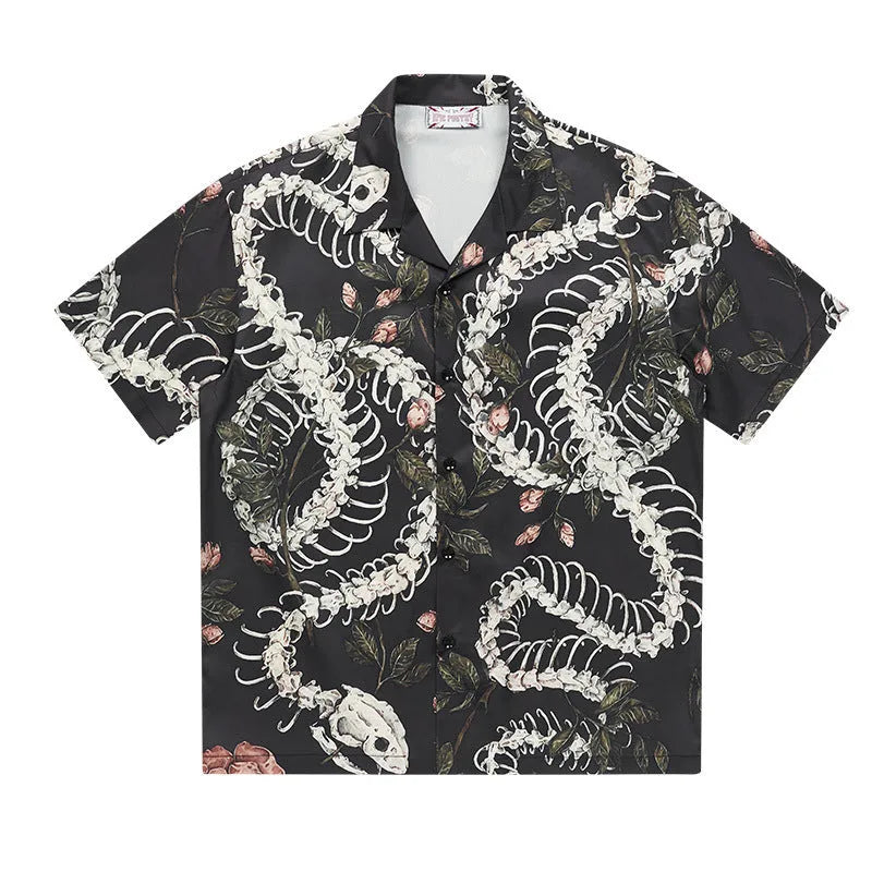 Short sleeve Cuban collar shirt with snake bone and floral pattern printed design