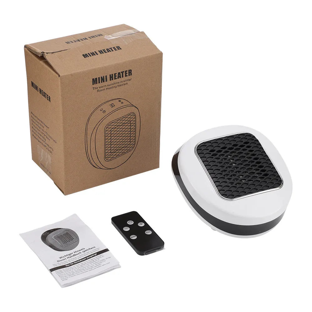 White ceramic heating electric hot air blower heater with remote control on table
