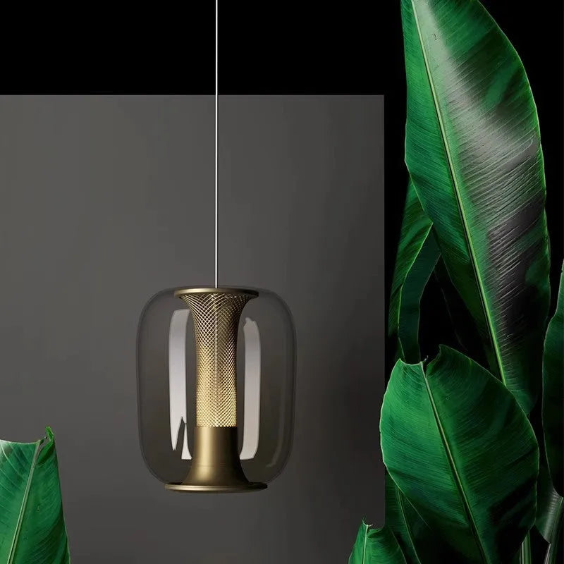 Minimalist Nordic style chandelier ceiling lamp in transparent, cognac, or smoky grey glass, 16cm diameter