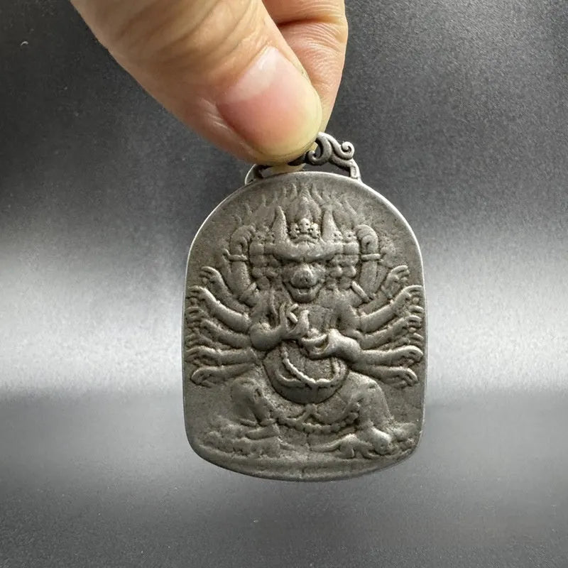 Cast iron Chinese antique geometric hanging ornament showing Aryaacalanatha or Yamantaka design