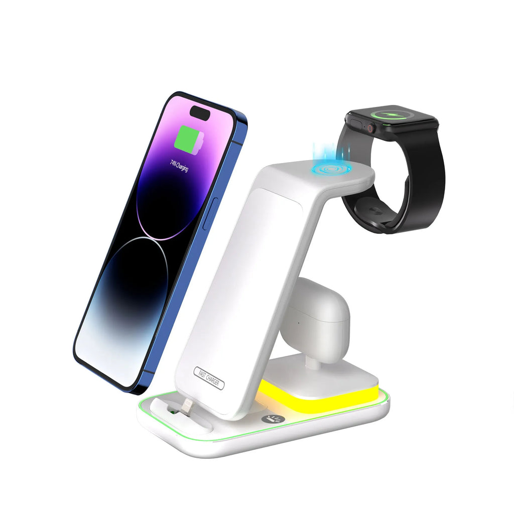 Black vertical wireless charging station with phone, Apple Watch and AirPods charging simultaneously