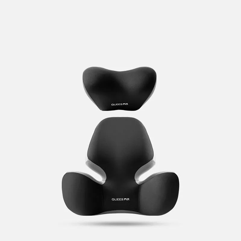 Automotive memory foam support cushion showing headrest and lumbar pillow options in grey colour