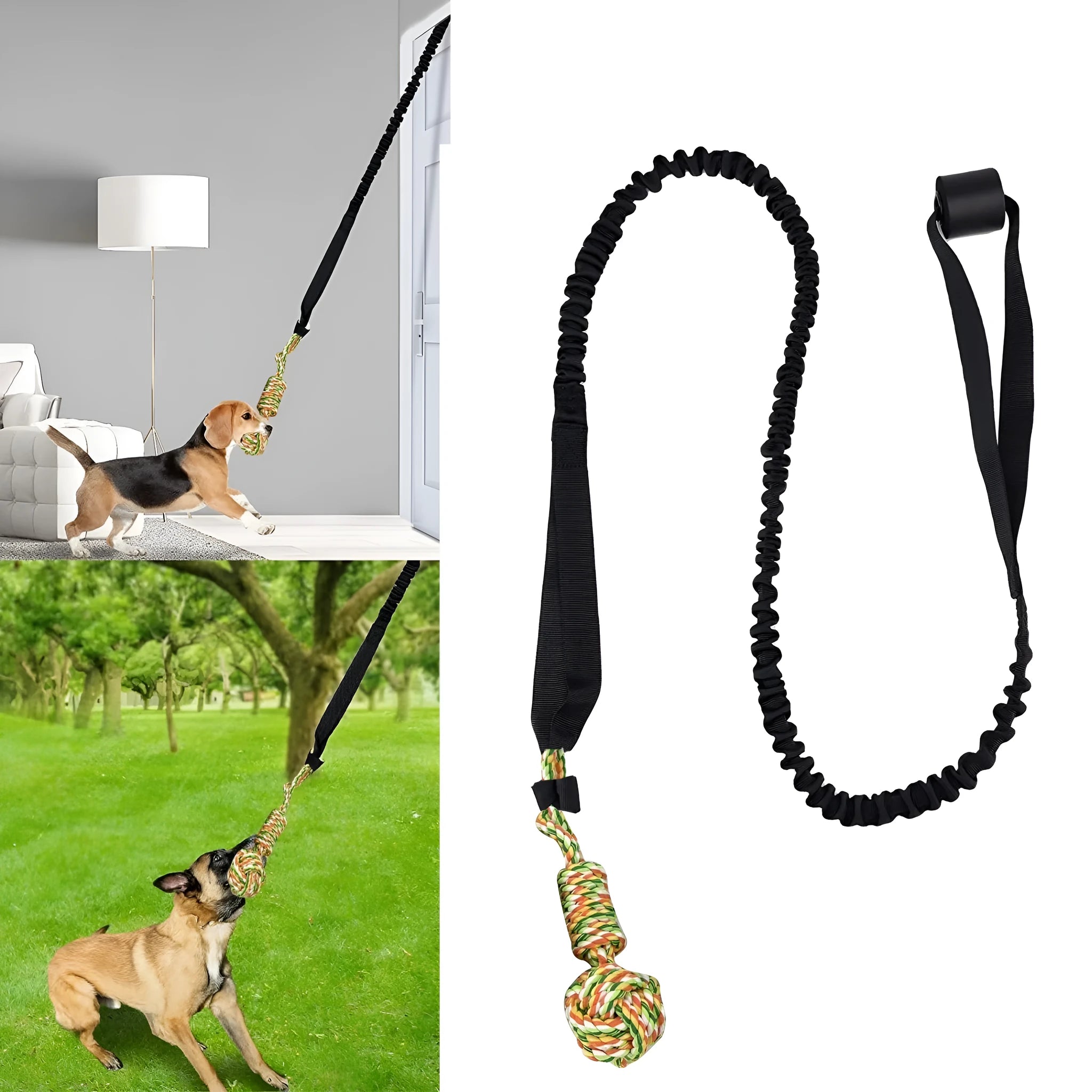 Braided cotton dog tug of war rope toy in red, grey, or black for interactive play and dental care.