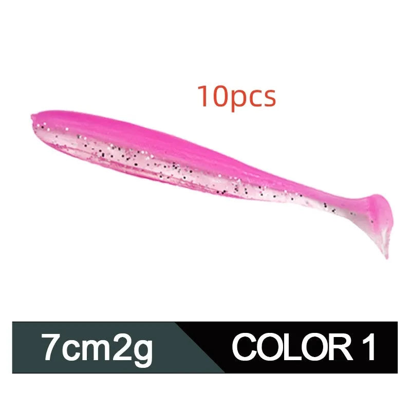 A 7cm long, two-tone T-tail soft worm fishing lure for mandarin fish and topmouth culter.