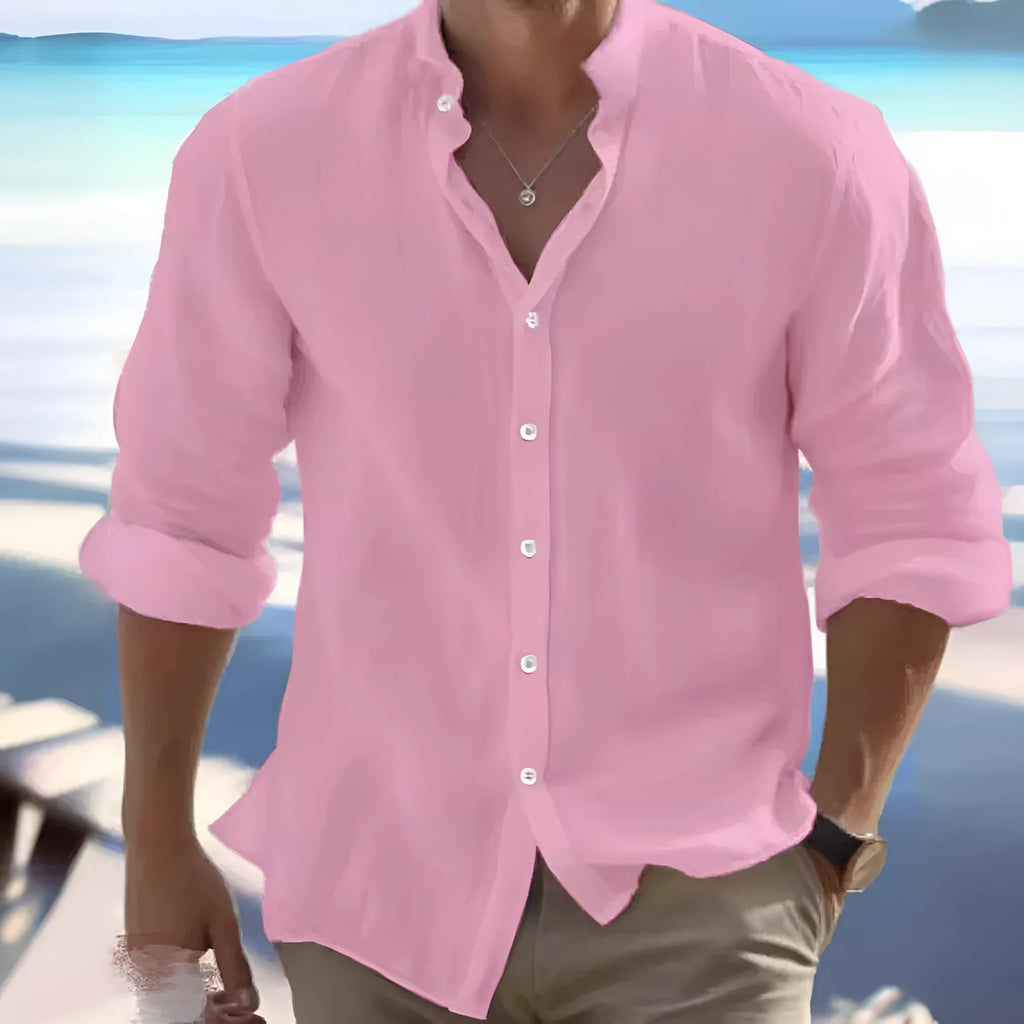 Men's light blue long-staple cotton casual summer shirt with button front and collar on a hanger.