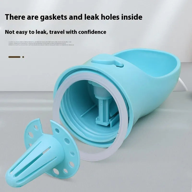 Blue portable plastic dog drinking cup with integrated bowl, showing dual-use design for outings.