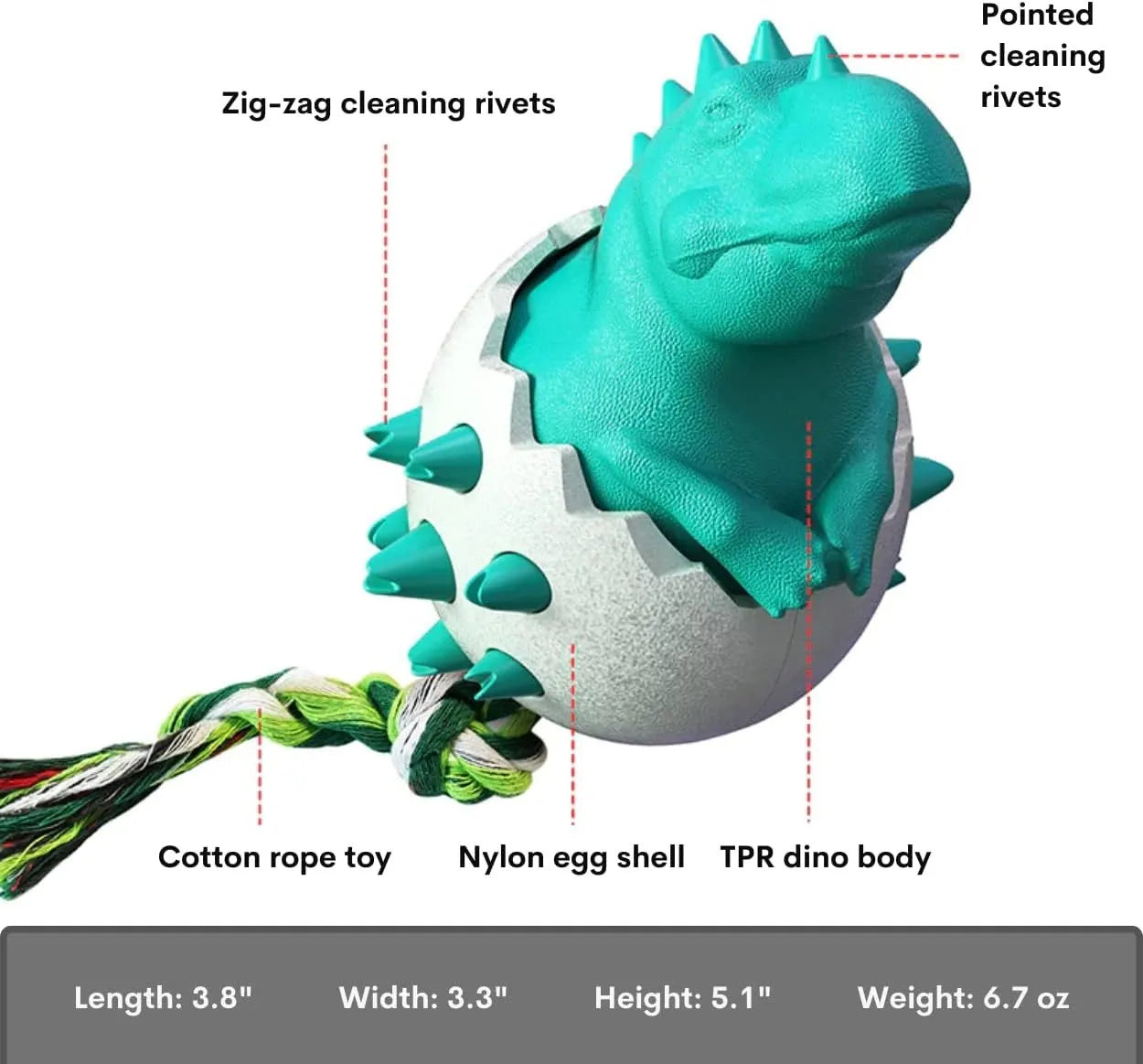 Blue durable rubber dinosaur dog chew toy with rope for aggressive chewers