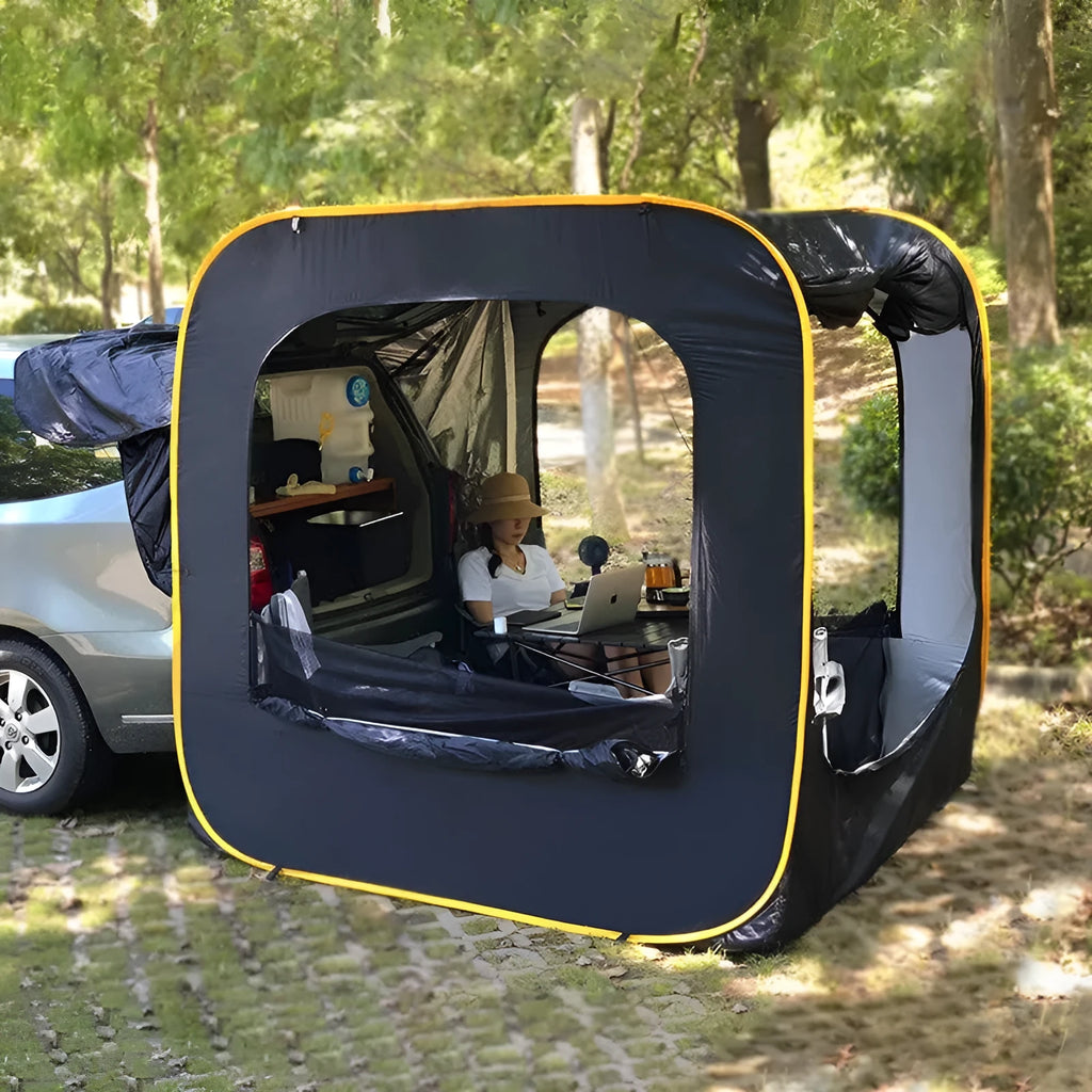 Black pop-up outdoor camping car tail tent with quick throw design unfolded to 200x200x200cm dimensions