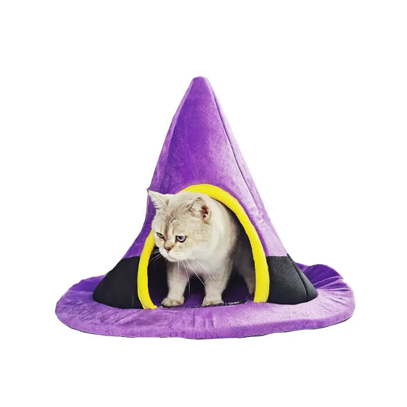 Purple Halloween witch hat shaped cat bed for pets measuring 60cm by 45cm