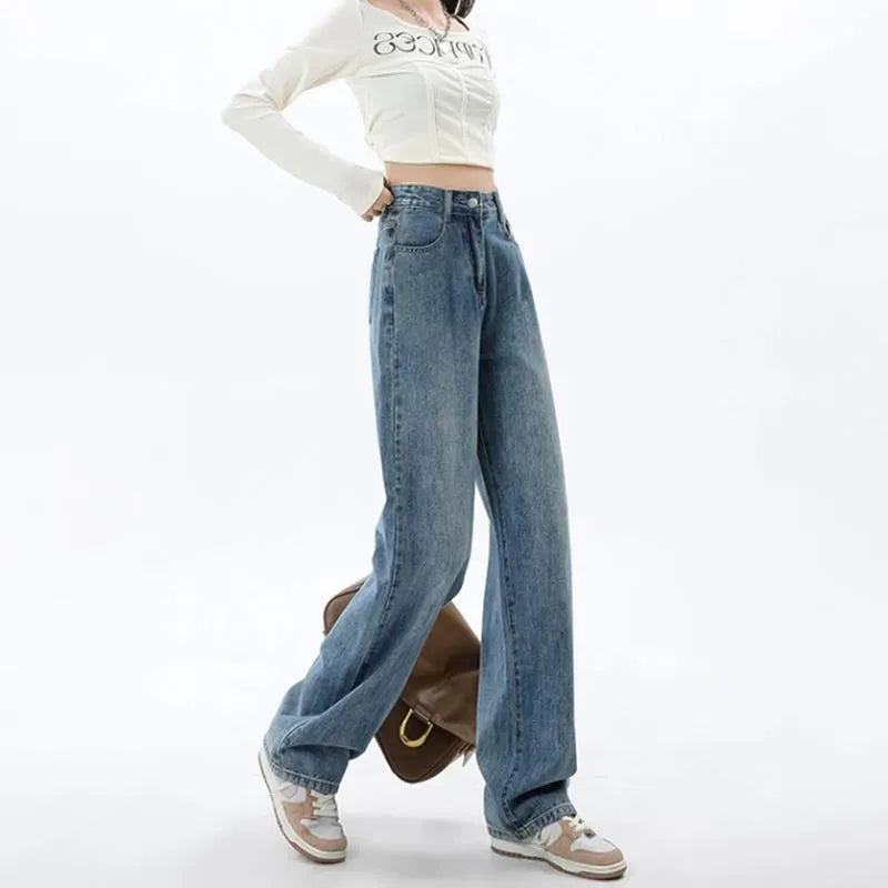 Women's retro blue high waist wide leg jeans with straight-leg trousers styling