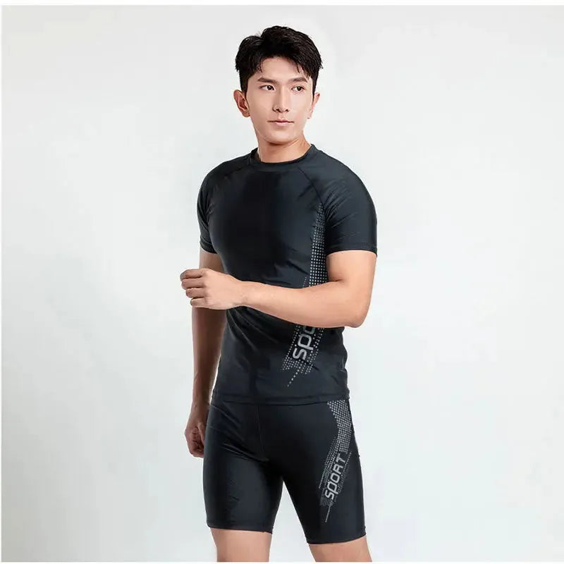 Men's plus size swimming trunks set in polyester fabric with matching top and bottom