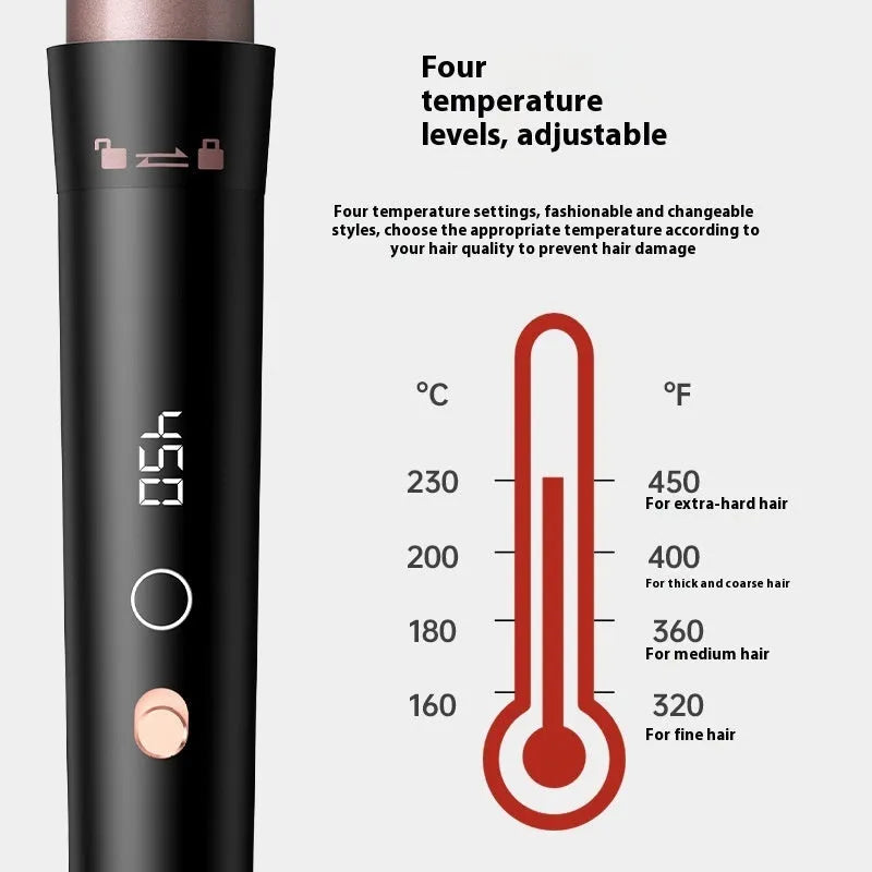 Rose gold hair curler with five tube attachments and LCD screen display