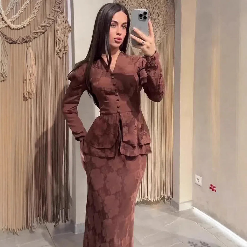 Dark brown retro long sleeve dress with plants and flowers pattern, fake two-piece design and button detailing