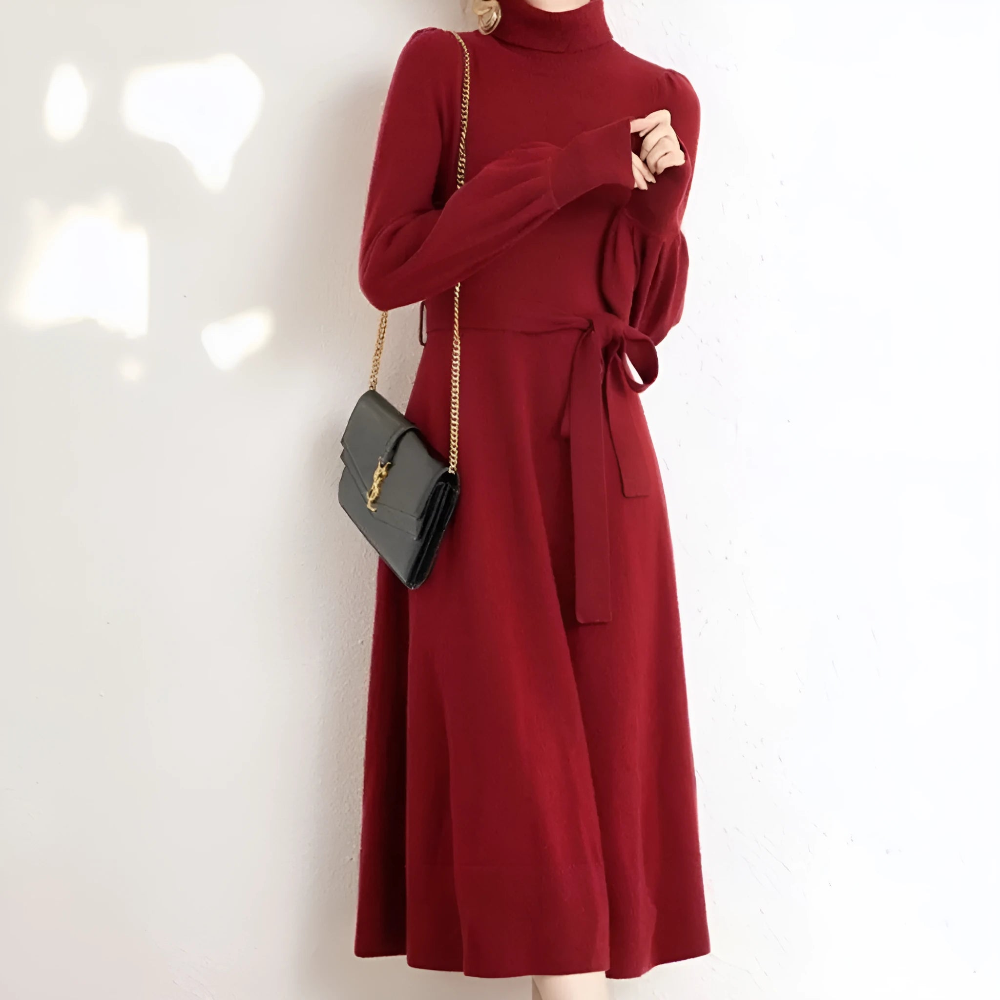 Knitted turtleneck dress with mid-length sweater skirt design and elastic waistband