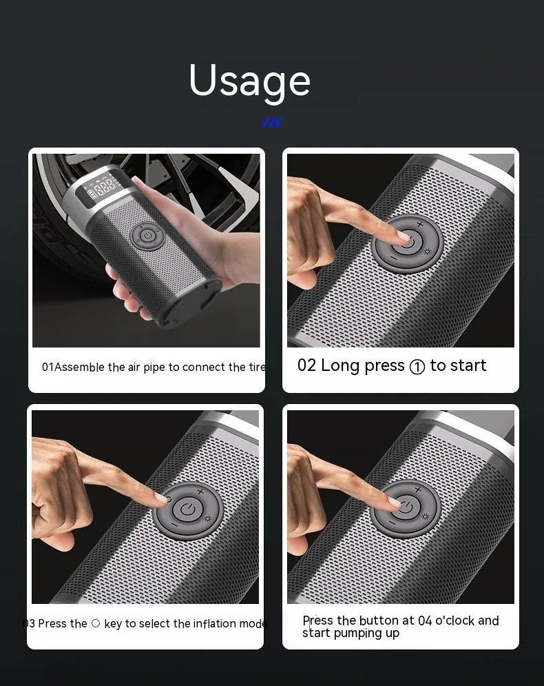 Black portable wireless smart air pump with display, charging cable and nozzle attachments on a dark surface.