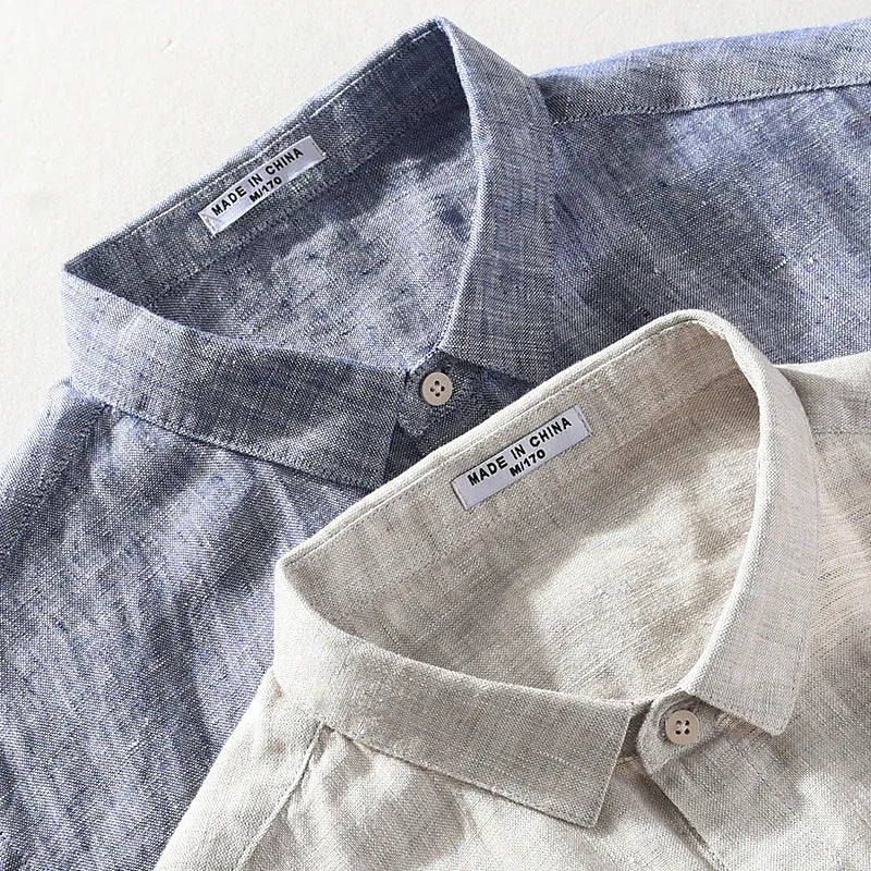 Men's short sleeve linen shirt with square collar in raw jute colour and grey options