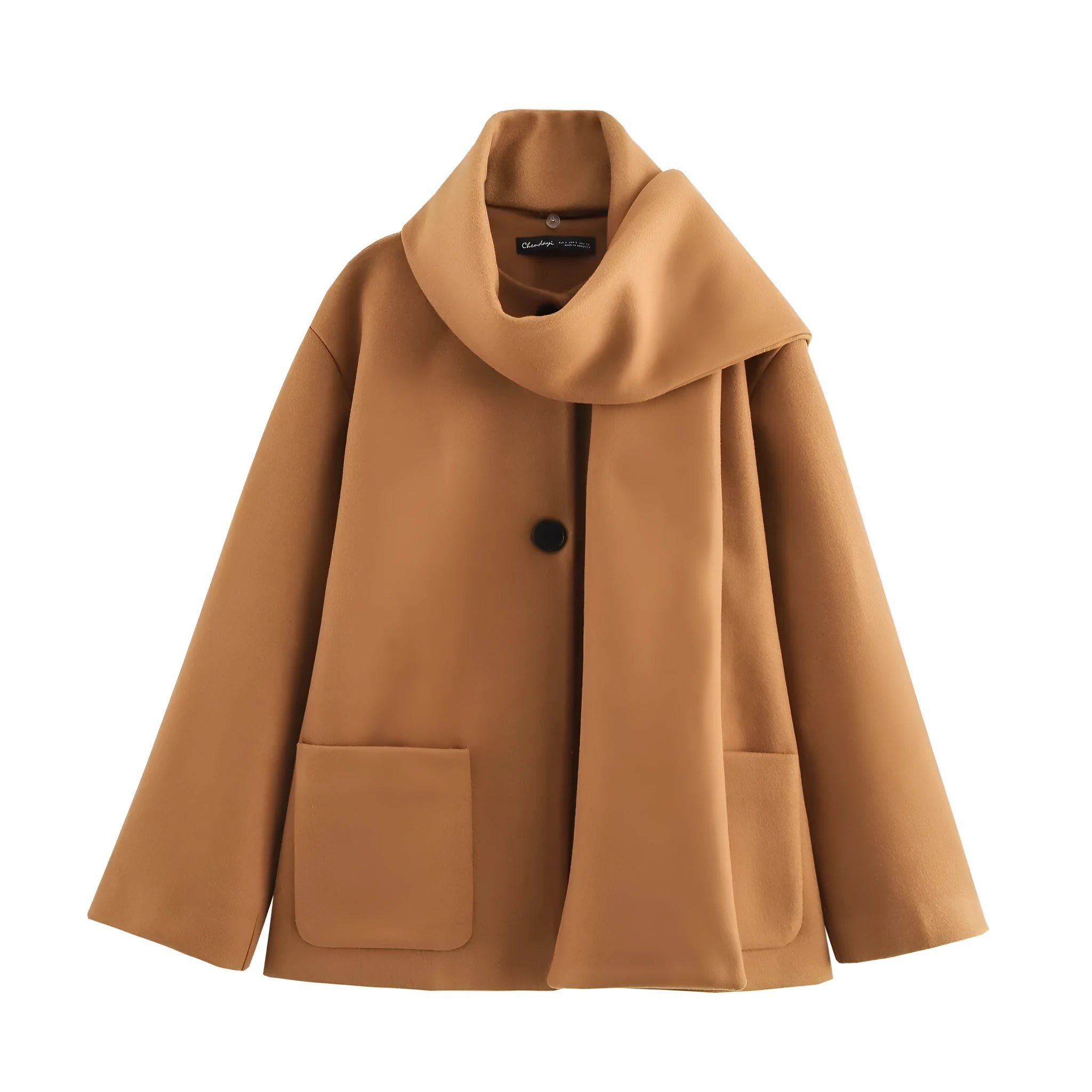 Women's long black polyester overcoat with artificial fur collar, shown at full length.