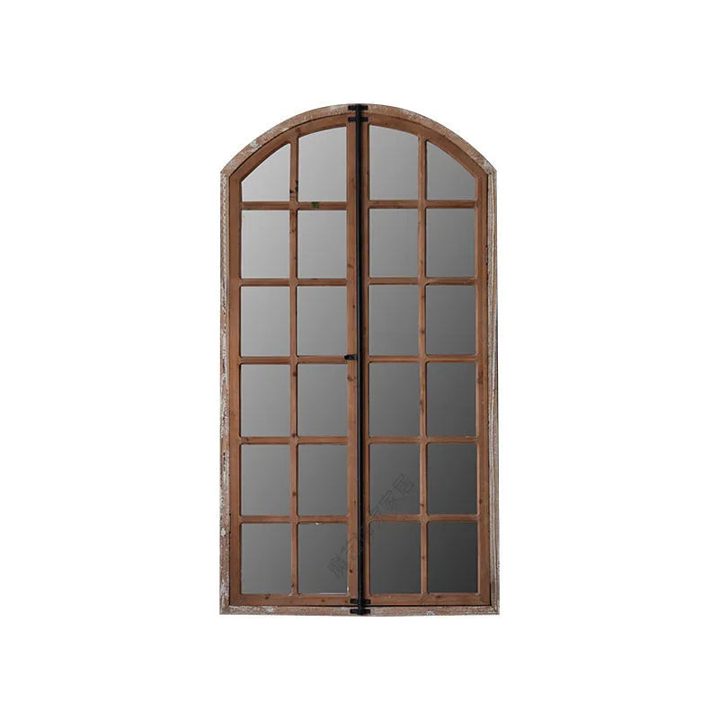 Terrace distressed fake window wall mirror with wooden frame and log colour finish