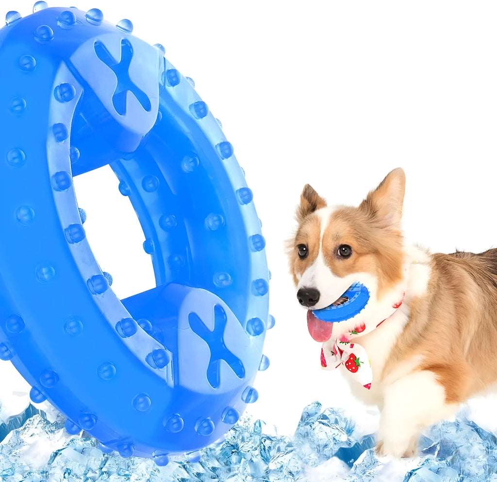 Freezable dog chew toy in bones shape with hollow centre for treats, shown next to a circles-shaped version.