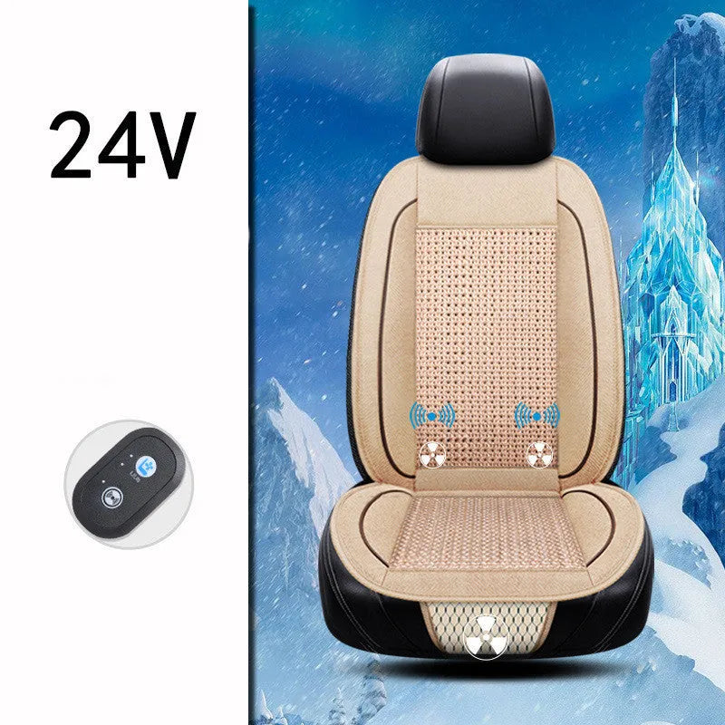 Black square car ventilation seat cushion with massage, showing power cord for 12V or 24V connection.