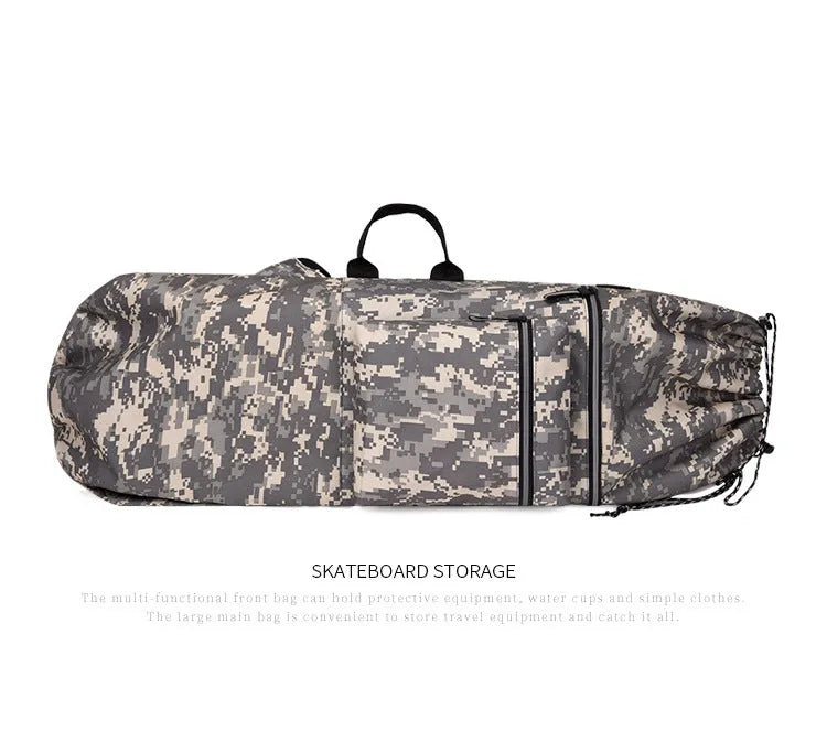 Lightweight waterproof nylon skateboard bag in camouflage green, showing large main compartment.