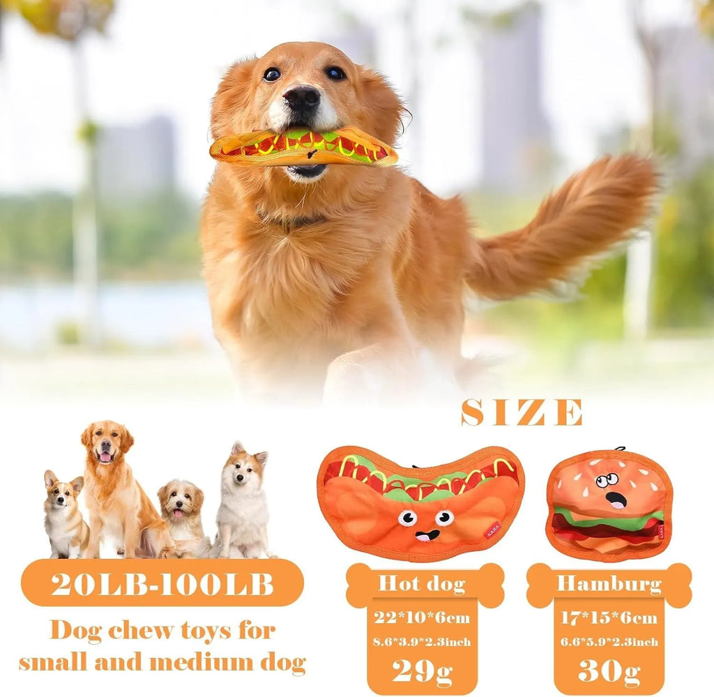 Hamburger-shaped crinkle and squeaky dog toys without stuffing for safe interactive play