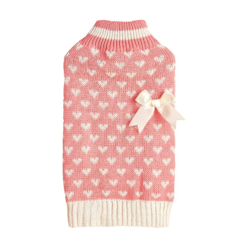 Red love heart design acrylic knit dog sweater for small dogs in size S.