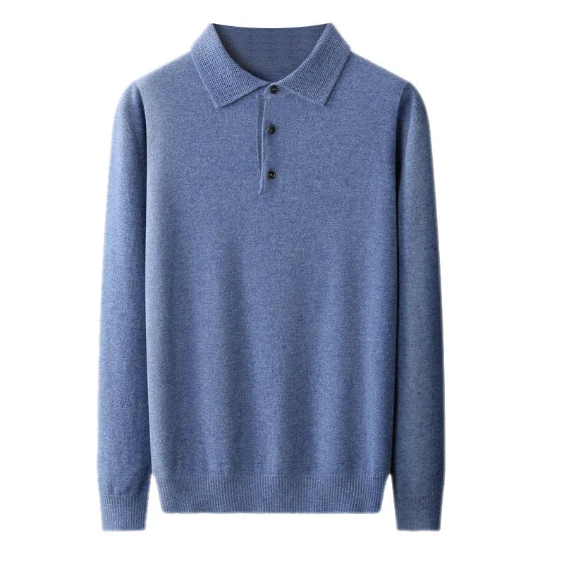 Men's wool pullover sweater with a polo collar in noble blue colour.