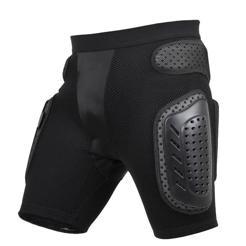 Black cycling hip protection pants with foam padding in hip area showing unisex sizing options