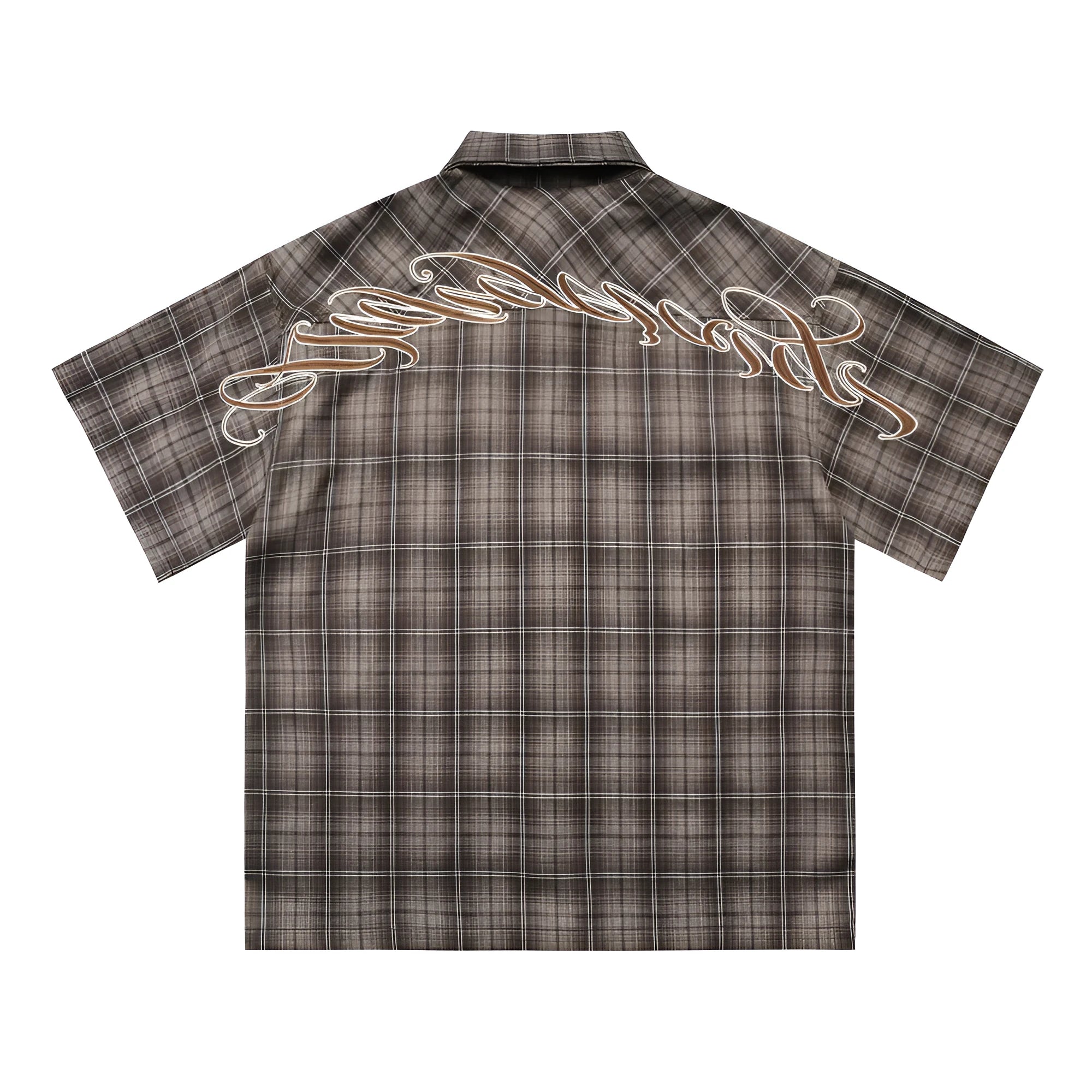 Men's black and brown plaid short sleeve shirt with embroidered lapel detail