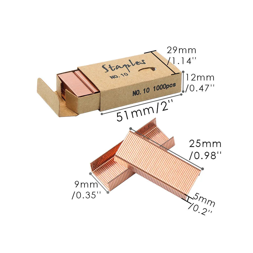 Box of 1000 metal office staples in black purple rose gold and rose red colours
