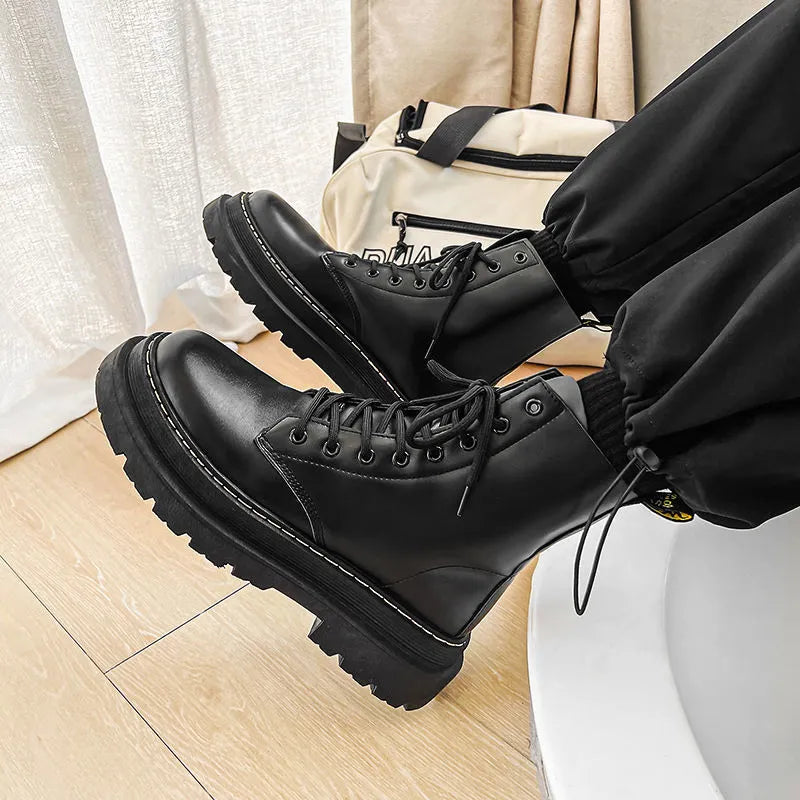 Black men's platform Dr Martens style boots with side zip and lace-up front, frosted leather exterior