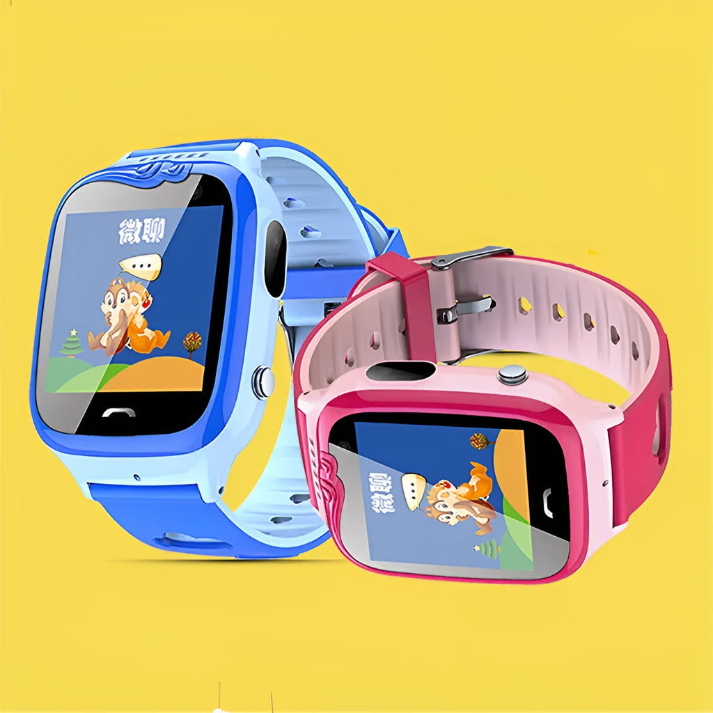 Children's smartwatch with touch screen showing positioning display on blue silicone wristband