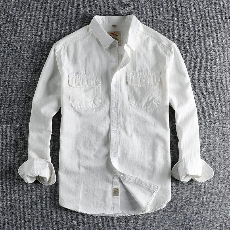 Men's solid colour cotton shirt with retro cardigan style and long sleeves