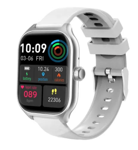 Gold smart watch with touch screen and silicone strap displaying health metrics