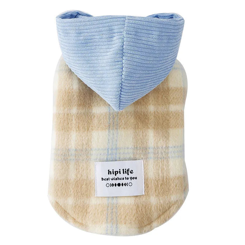 Blue corduroy pet hoodie vest with chessboard grid pattern and hood for a small dog.