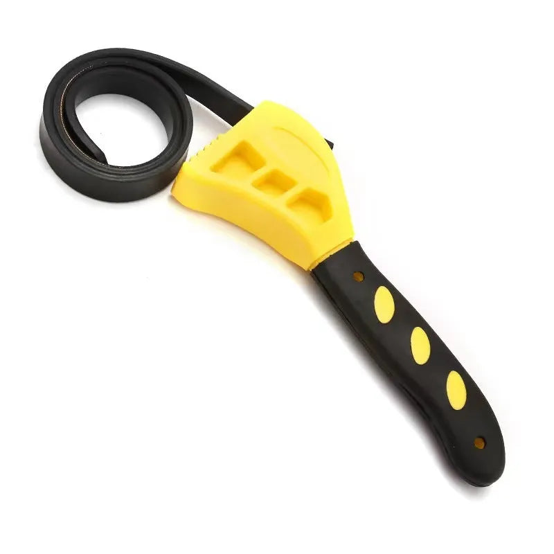 Two adjustable rubber strap wrenches, a 6-inch and an 8-inch model, for gripping oil filters and plumbing fixtures.