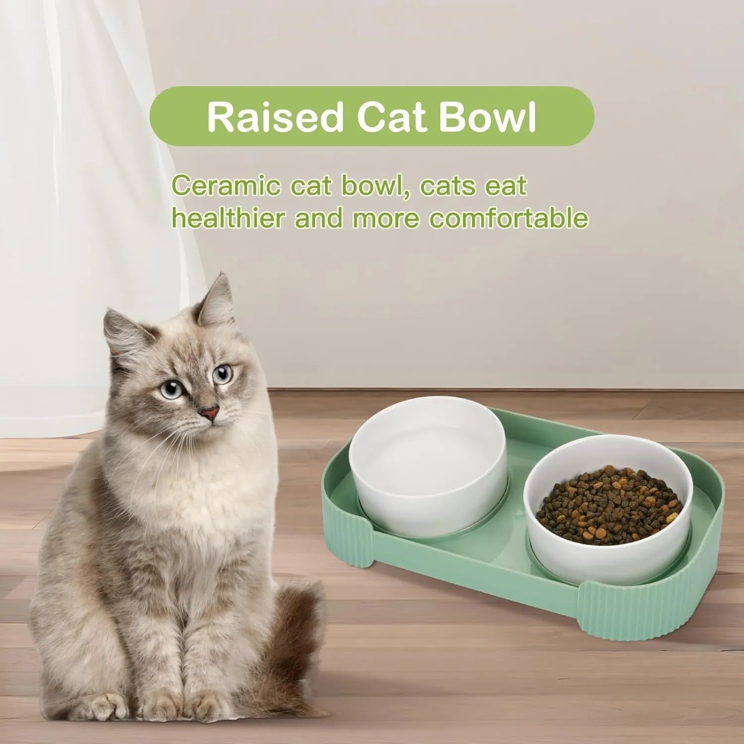 Tilted ceramic pet bowls on elevated stand with 15-degree angle for cats and dogs