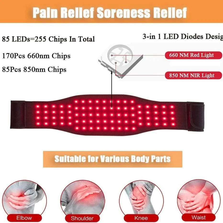 Black red light infrared therapy belt for waist pain relief with adjustable free-size design