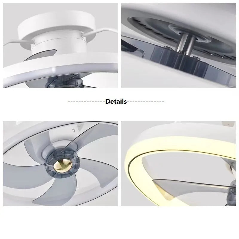 Modern white ceiling fan with integrated light and five PC blades, shown in a bedroom setting.