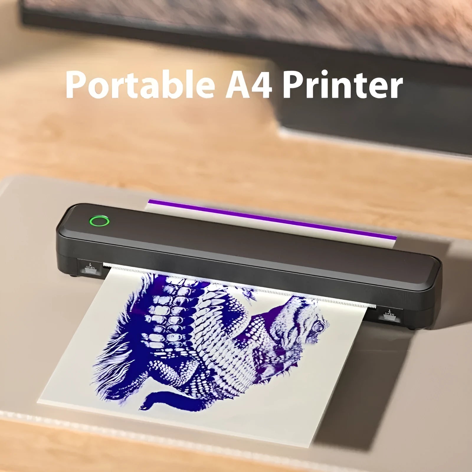Compact black and white Bluetooth thermal printer for mobile phone printing.