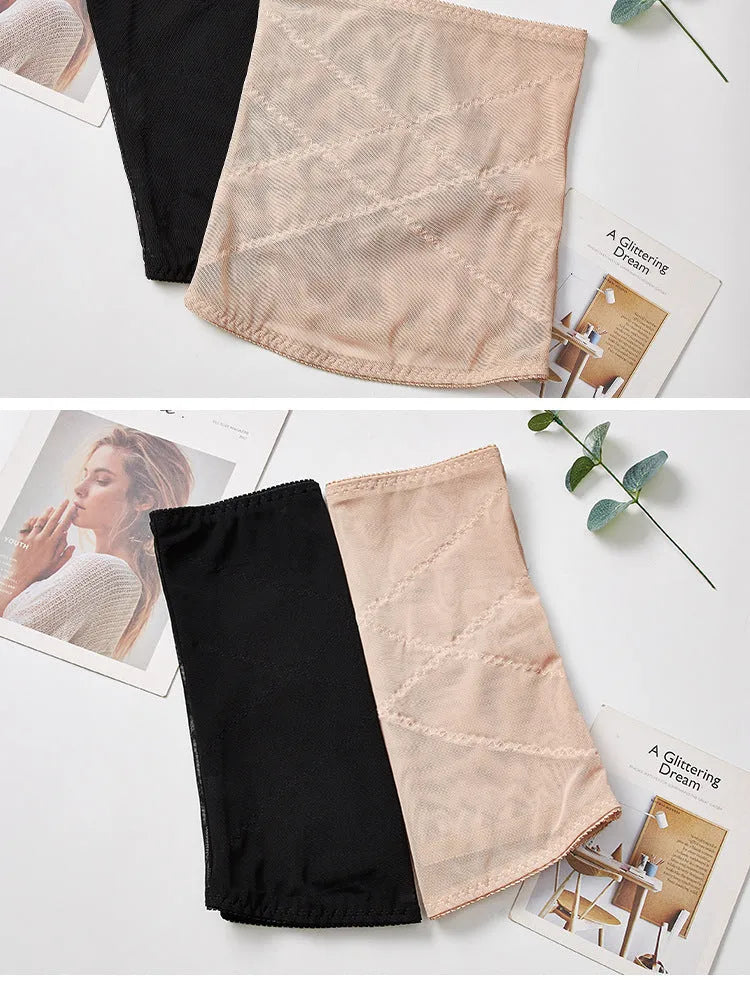 Black mesh belly band with cross-waistband design for body sculpting and postpartum support.